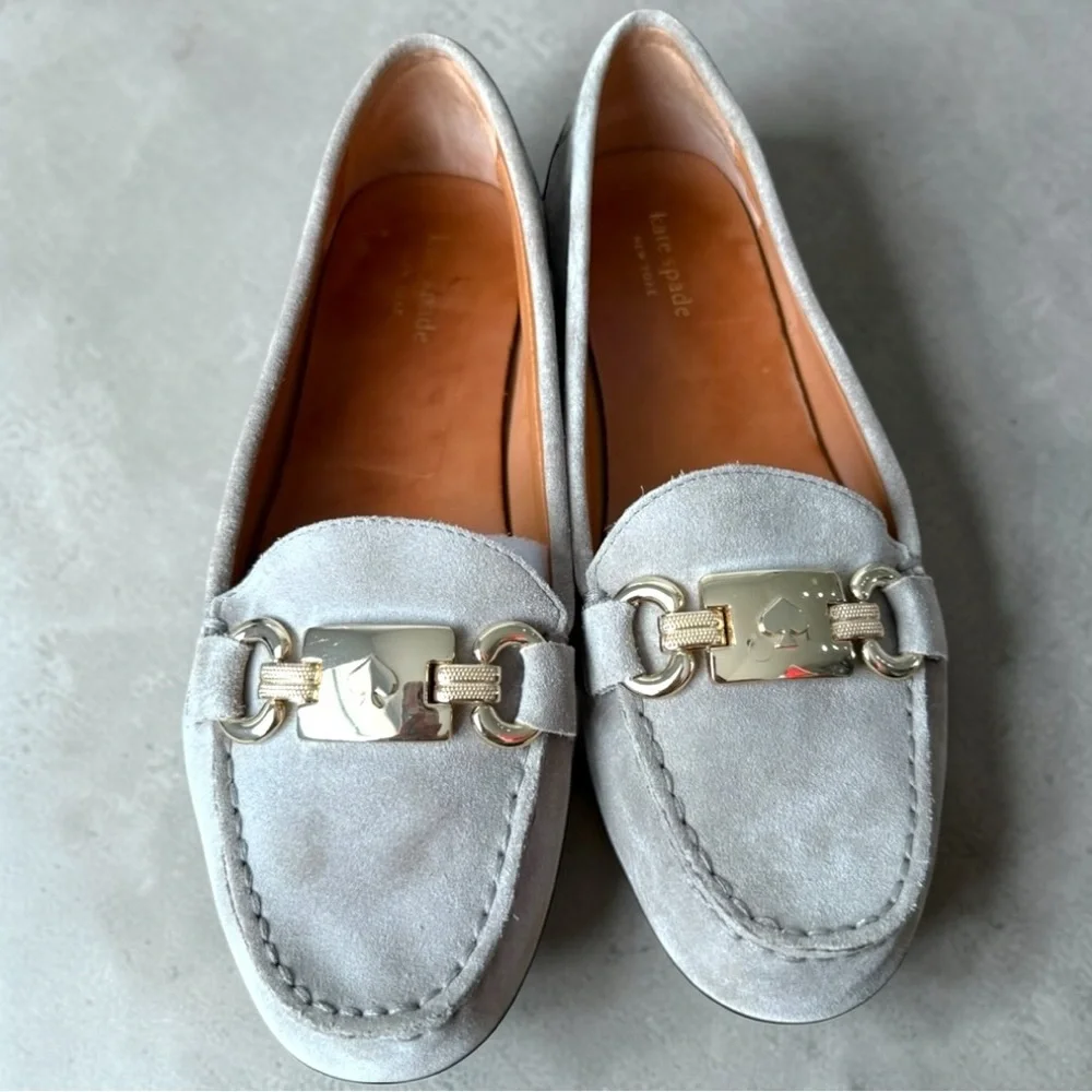 Kate Spade Gray Suede Horsebit Loafers Gold Hardware Quiet Luxury Flats Women 9